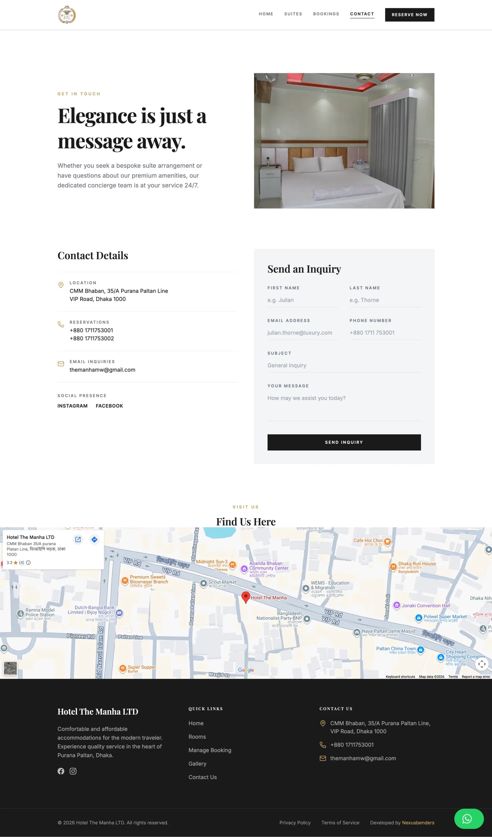Contact page in the same charcoal-and-gold design system