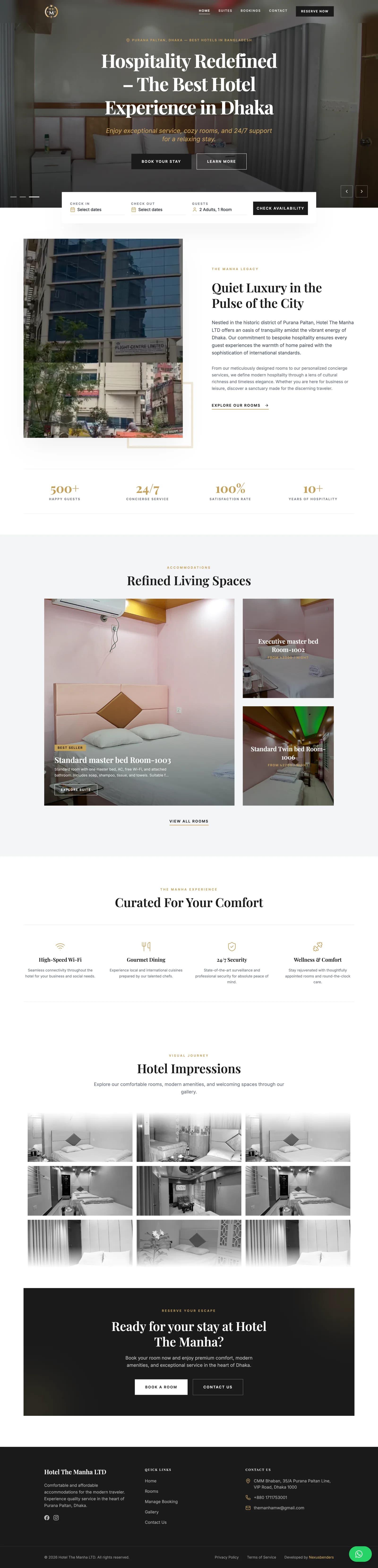 Hotel The Manha home page with full-width hero and availability search