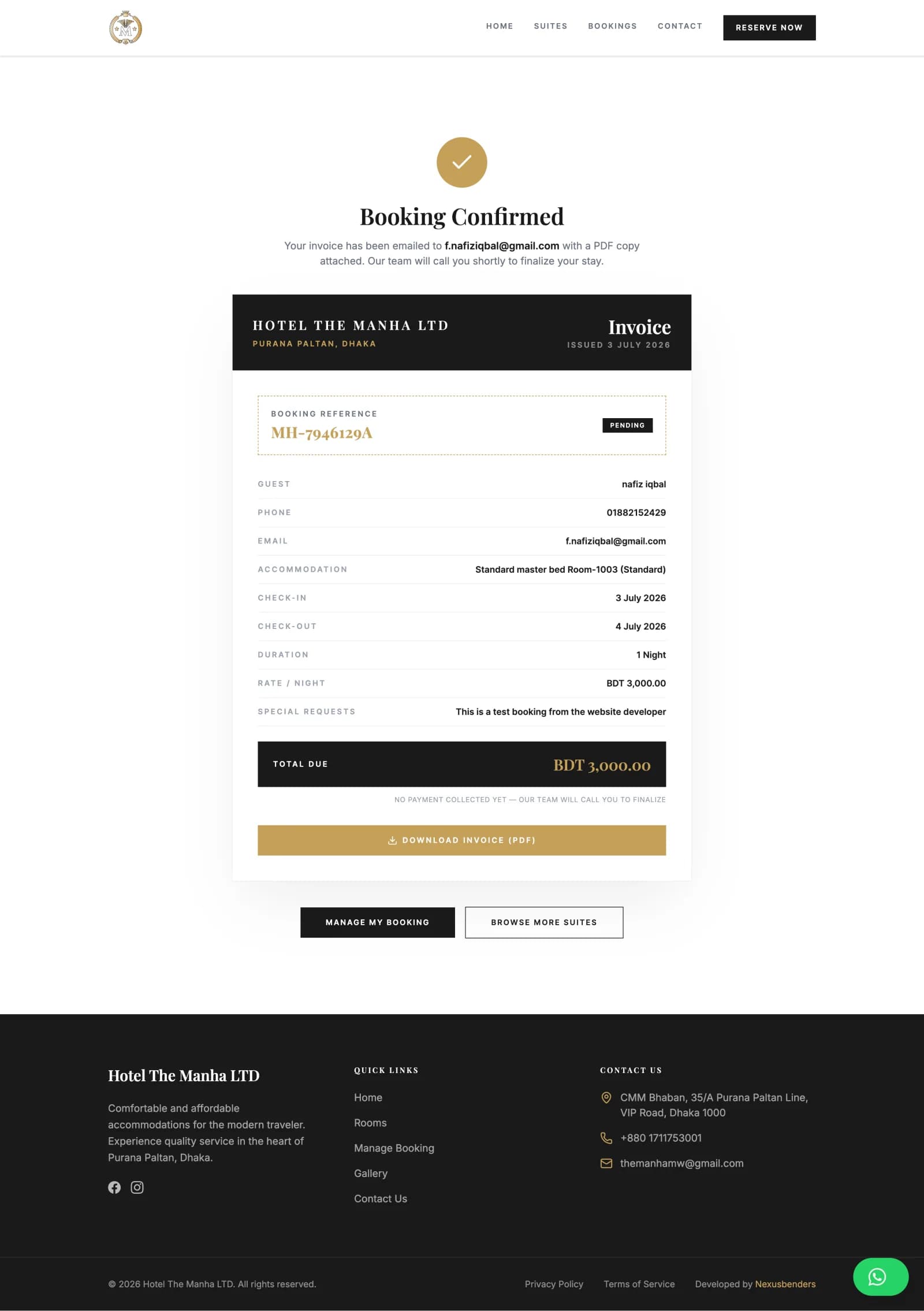 Branded booking invoice with itemized stay