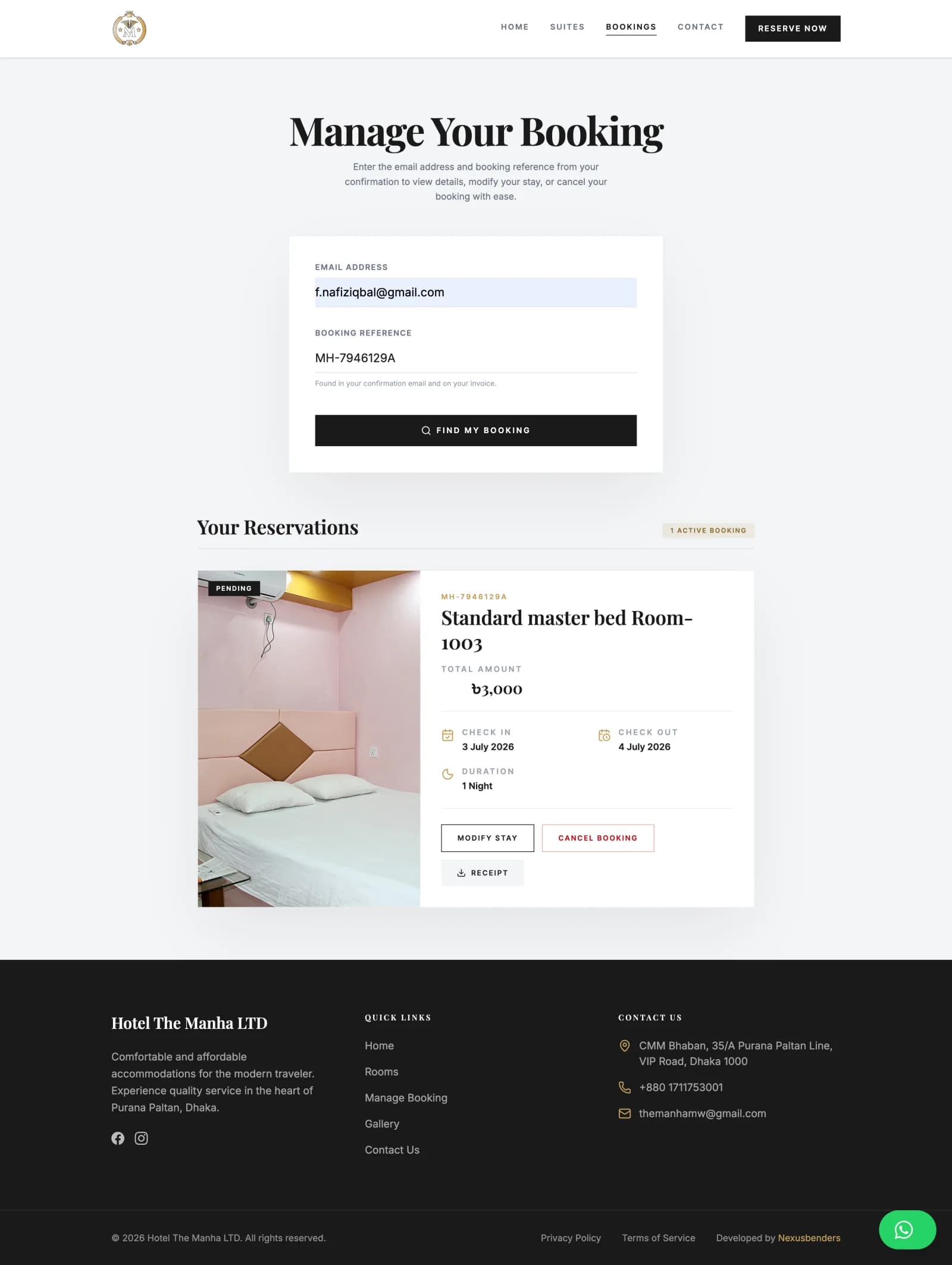 Self-service booking management page
