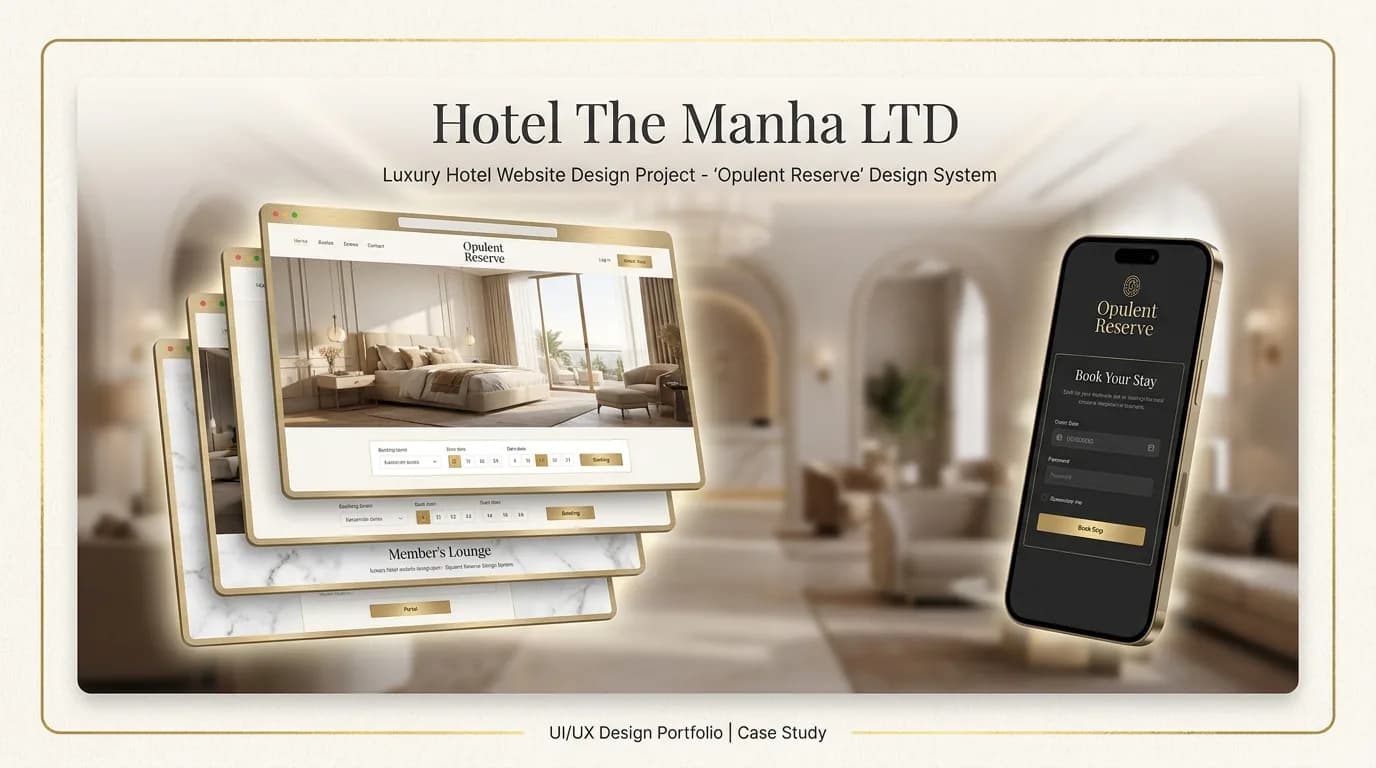 Hotel The Manha website design shown on desktop and mobile, with the room booking bar and “Book Your Stay” screen