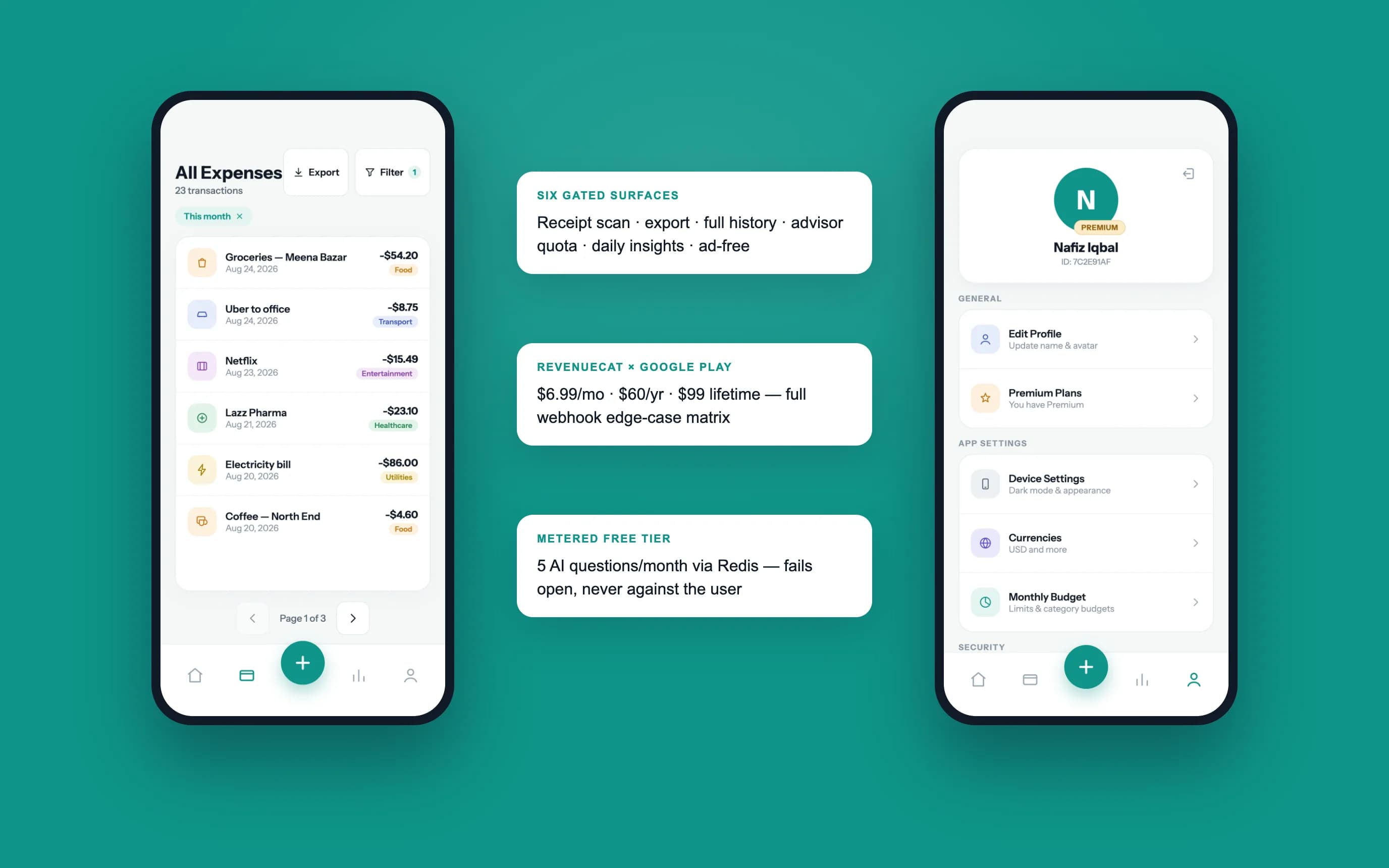 Expenses and Profile screens with the premium gating model