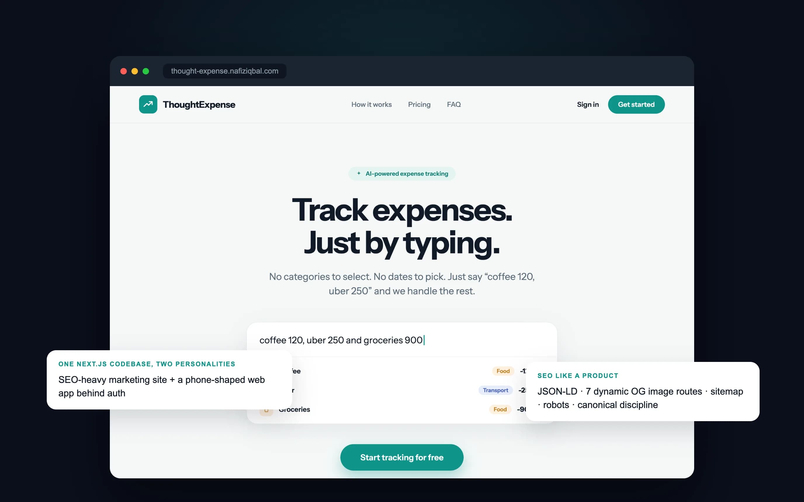 Thought Expense marketing site in a browser frame